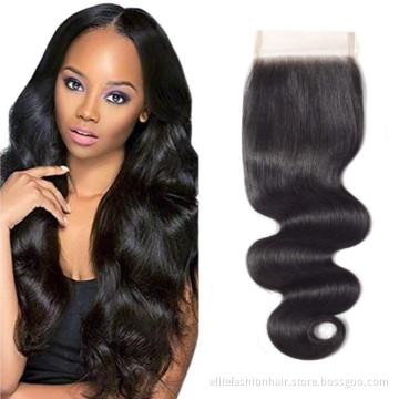 Top selling double drawn Virgin Human Hair Top Swiss Lace Closure Body Wave Lace Closure Human Hair 4x4 Free Part Lace Closure